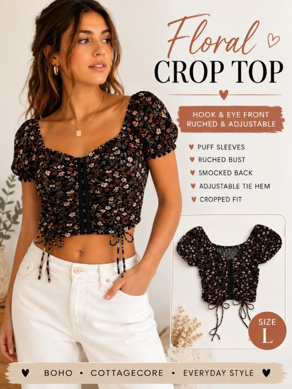 Black Floral Hook & Eye Puff Sleeve Crop Top Size L Boho Cottagecore